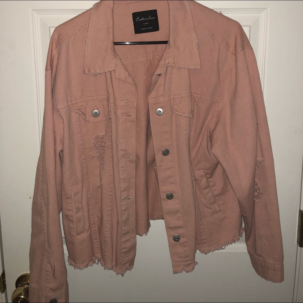 Light pink denim distressed jacket
